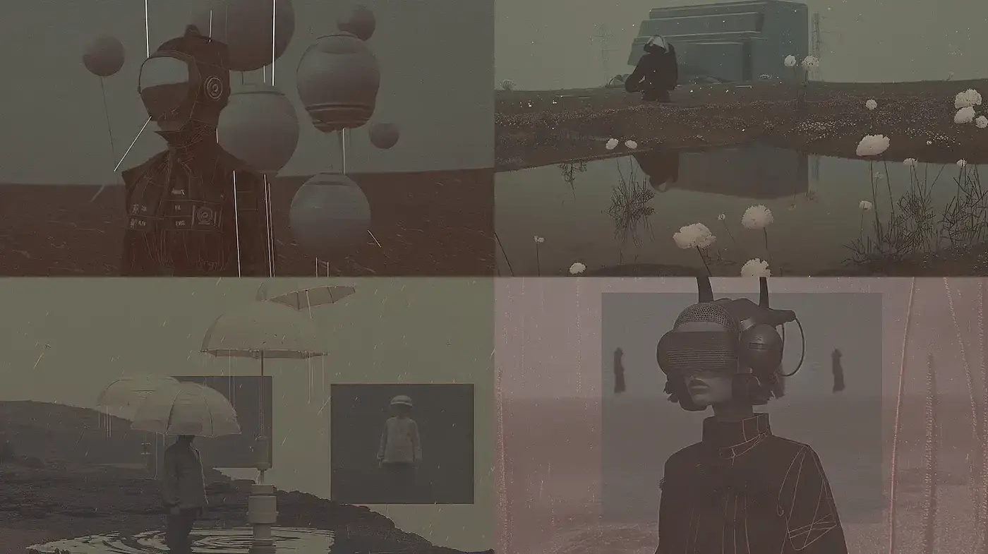 Ethereal Surrealism with a Retro Futuristic Aesthetic and Dreamlike Quality - Midjourney sref style