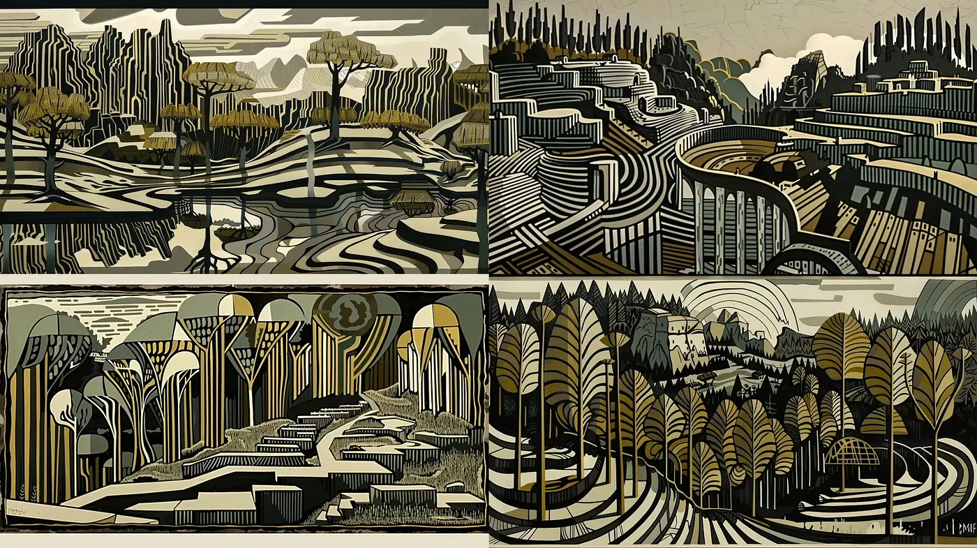 Abstracted Monochrome Landscapes: A Nod to Art Deco and Woodcut Expressions - Midjourney sref style