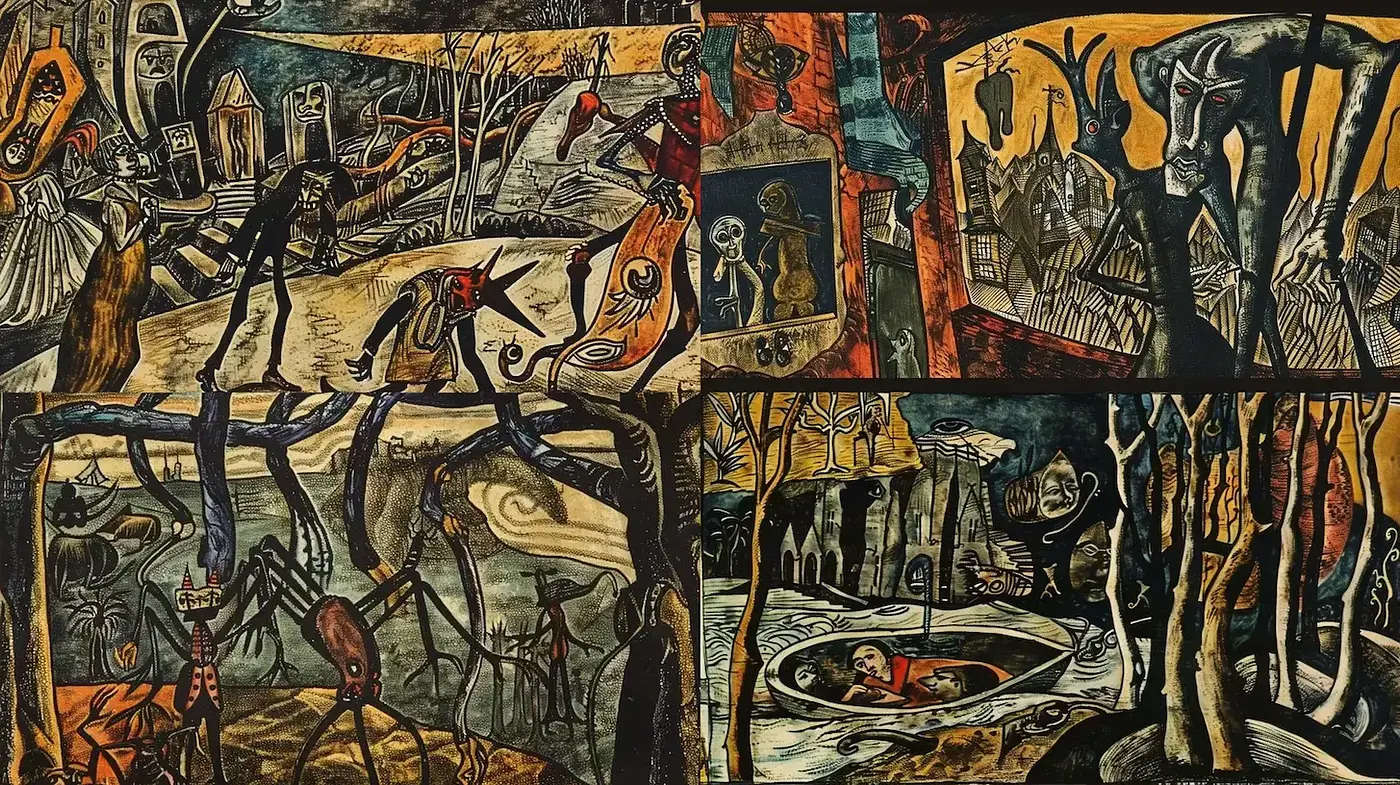A Cohesive Exploration of Dark Surrealism with Folk Inspirations - Midjourney sref style