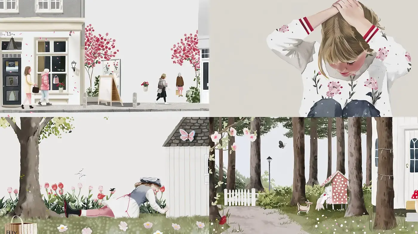 Whimsical and gentle illustrations showcasing playful innocence and serenity - Midjourney sref style