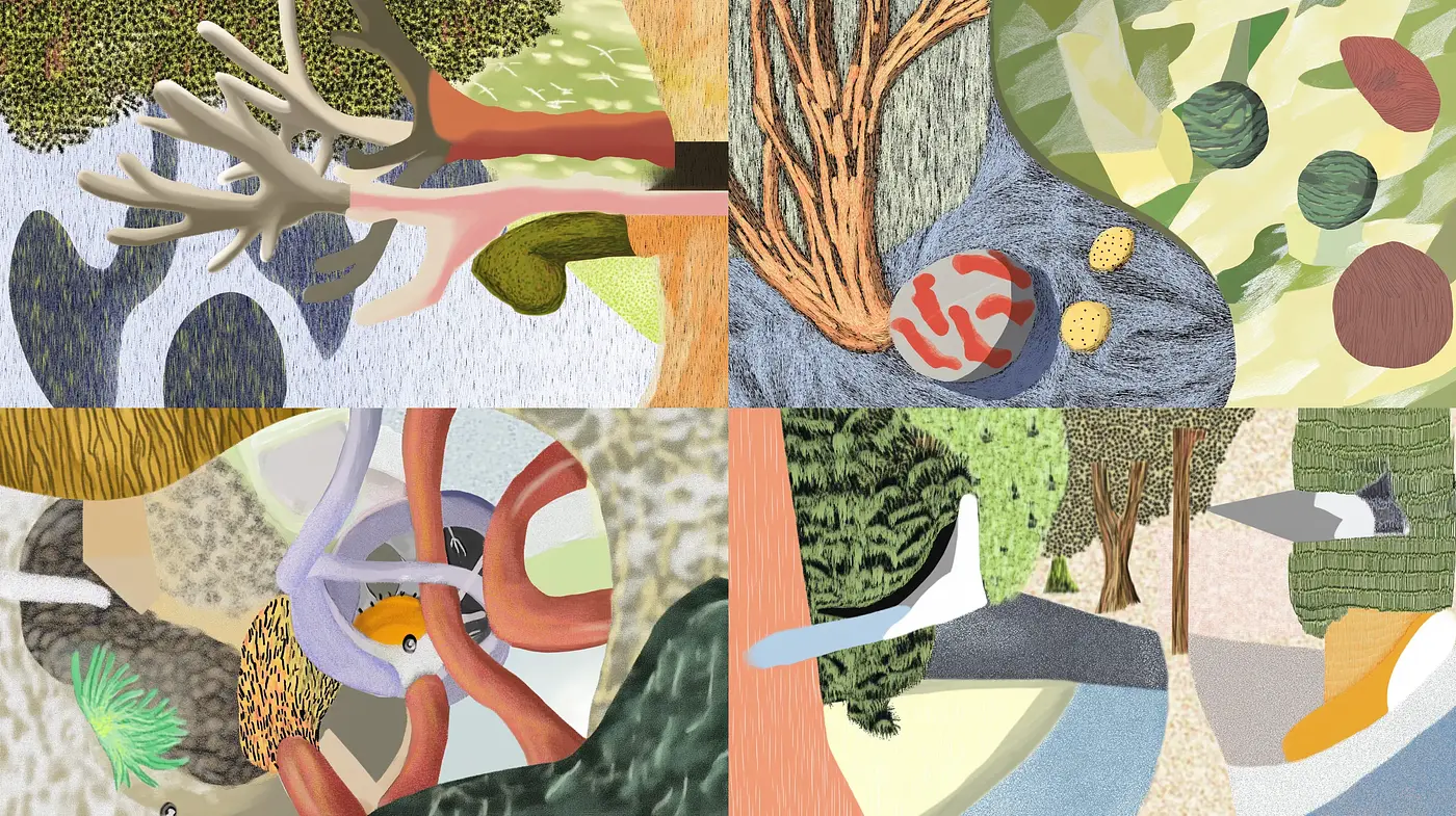 Eclectic Tapestry of Textures and Nature with a Surrealist Touch - Midjourney sref style