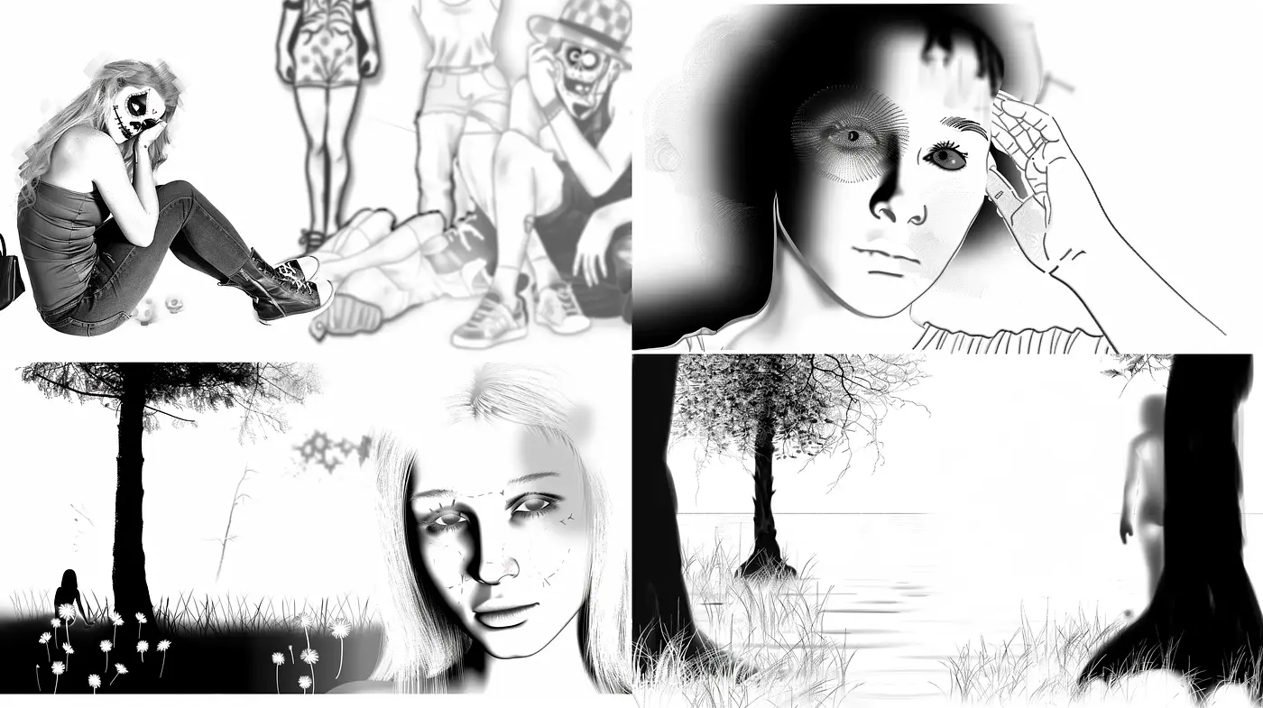 Monochromatic Sketchbook Impressions with Surrealist Overtones - Midjourney sref style