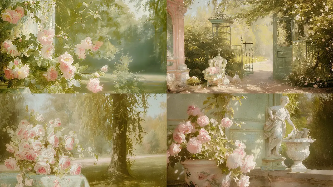 Ethereal Garden Romance: A Symphony of Soft Pastel Hues and Tranquil Light - Midjourney sref style