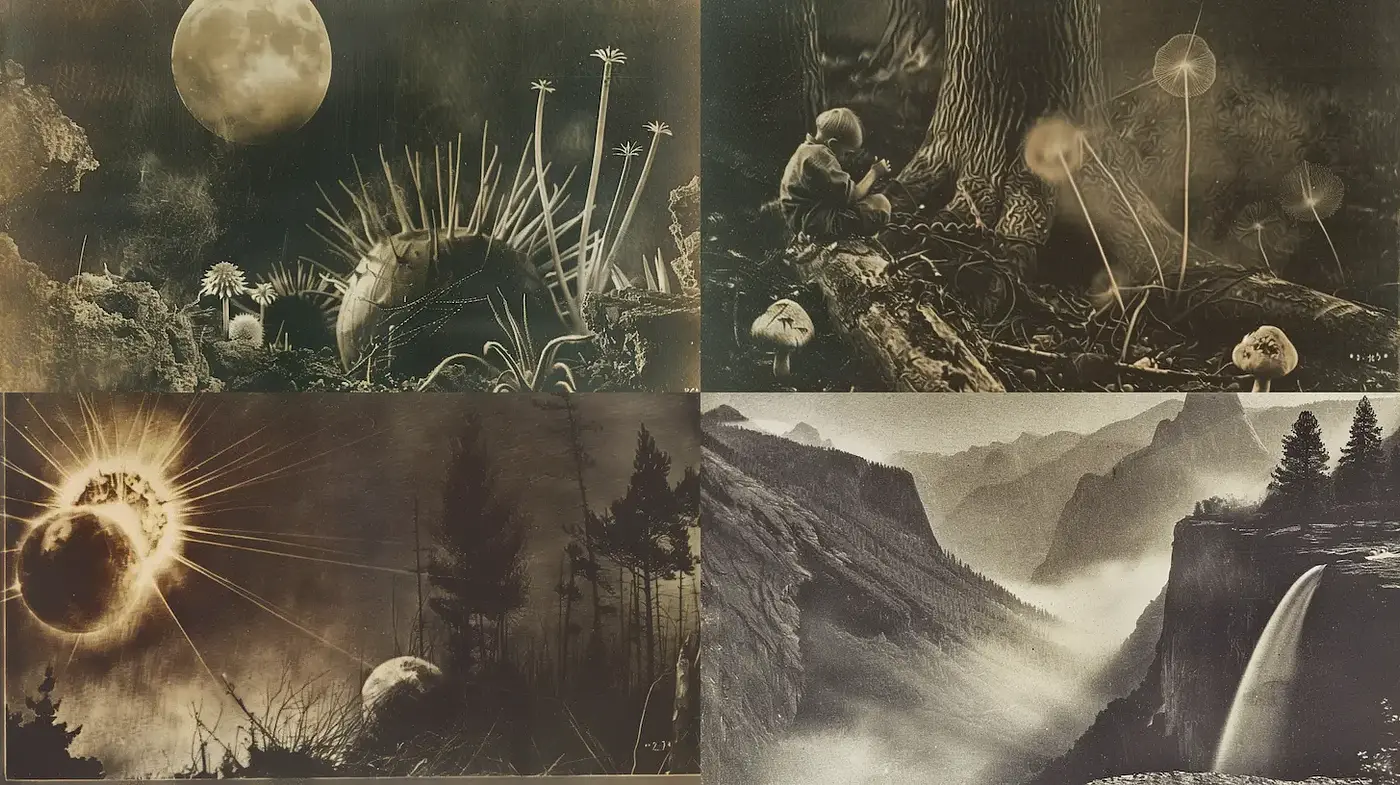 Stylized Surrealist Interpretations of Nature with a Dark Aesthetic - Midjourney sref style