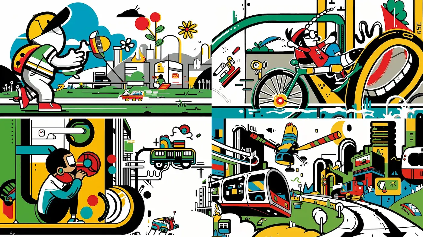 Vibrant Contemporary Urban Illustrations with Playful Elements - Midjourney sref style