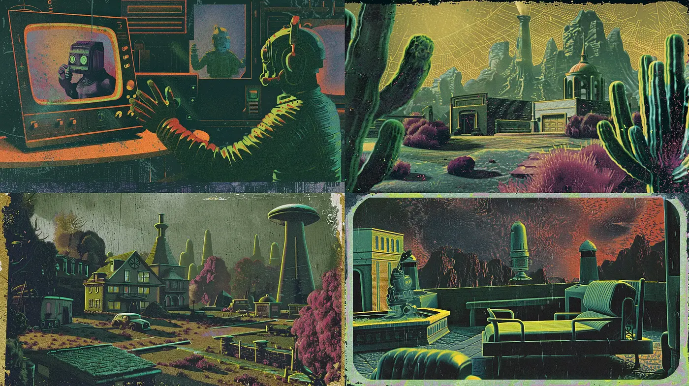 Retrofuturistic Twilight Hues with Surrealist Overtones - Midjourney sref style