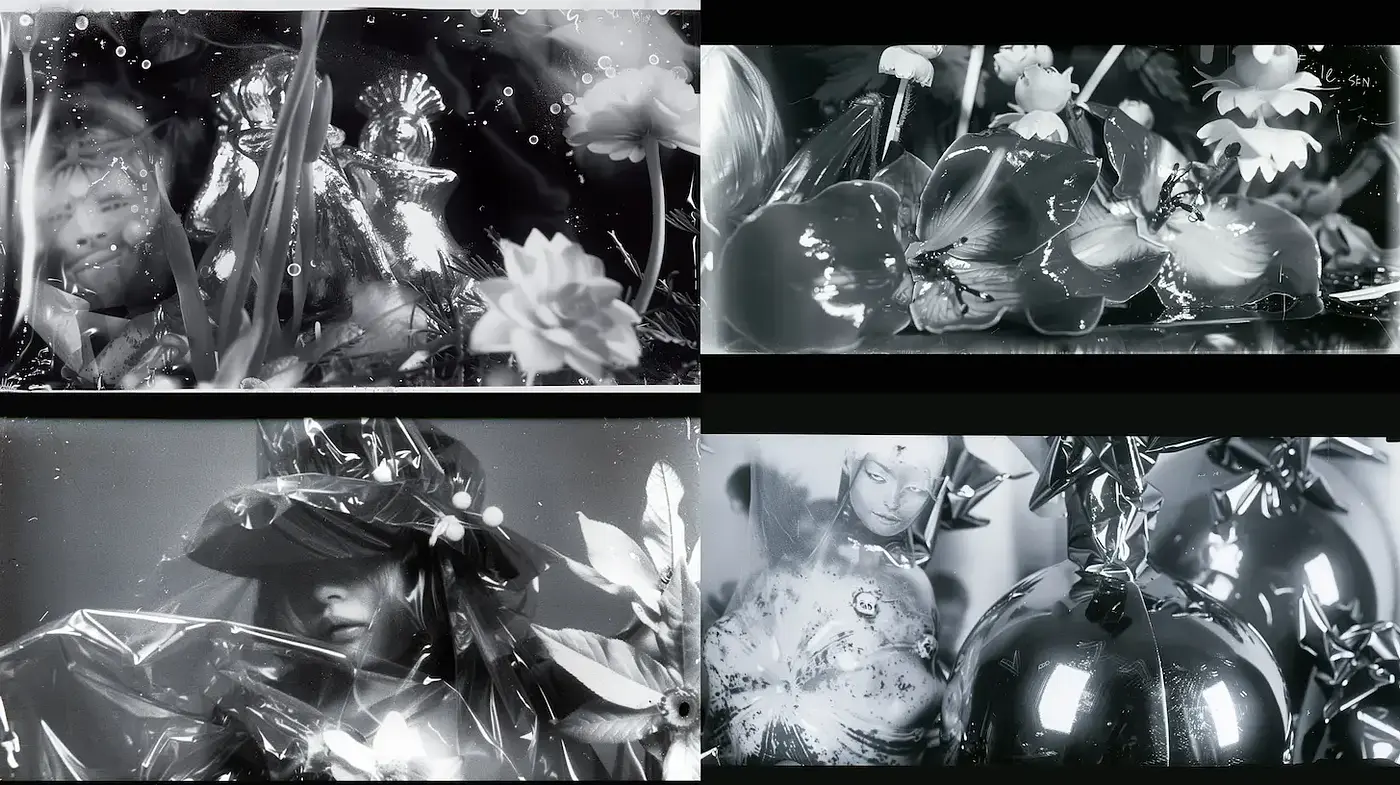 Dynamic interplay of floral and reflective textures in monochrome aesthetics - Midjourney sref style