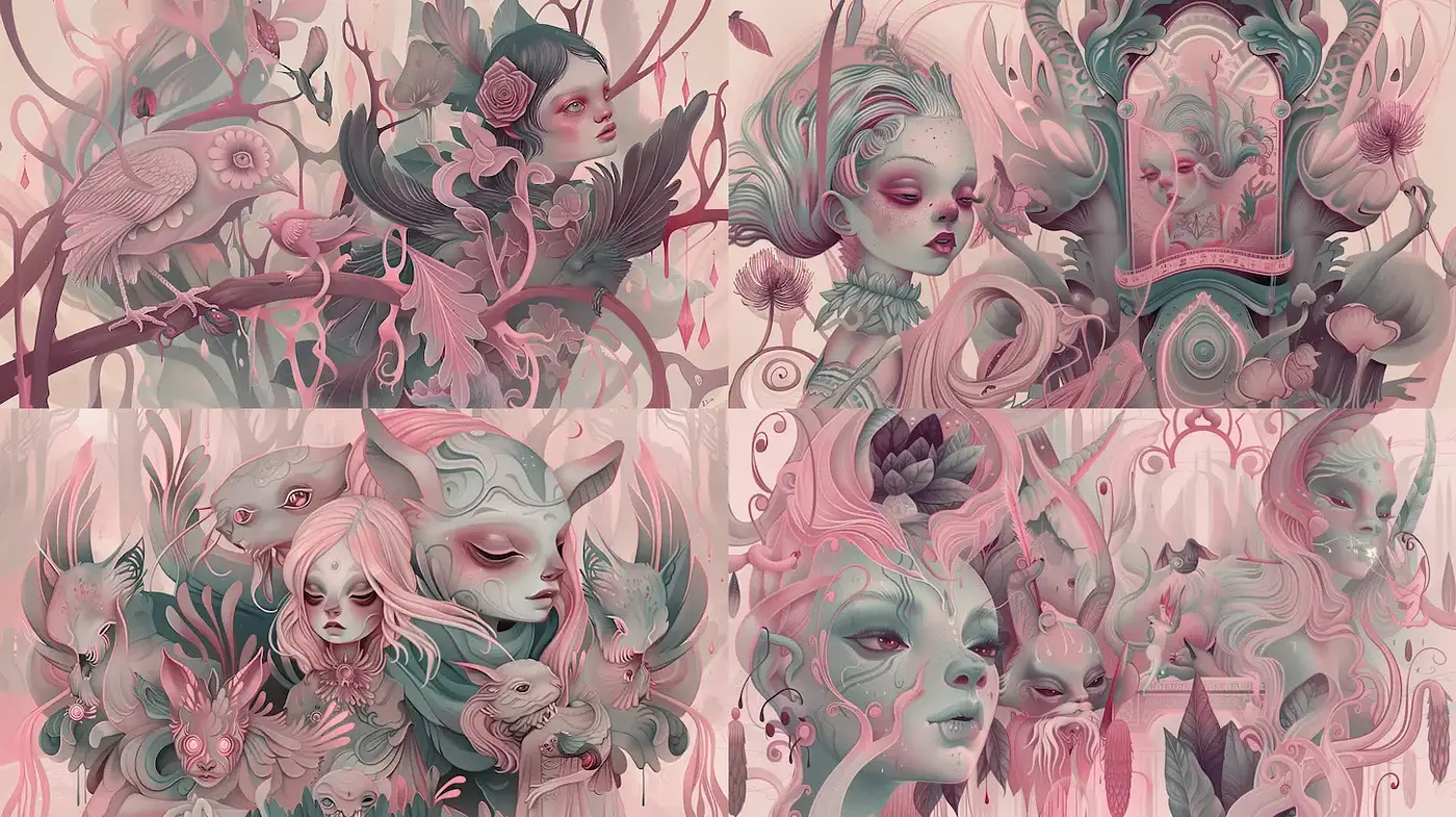 Surreal and ethereal dreamscape with whimsical creatures and organic motifs - Midjourney sref style