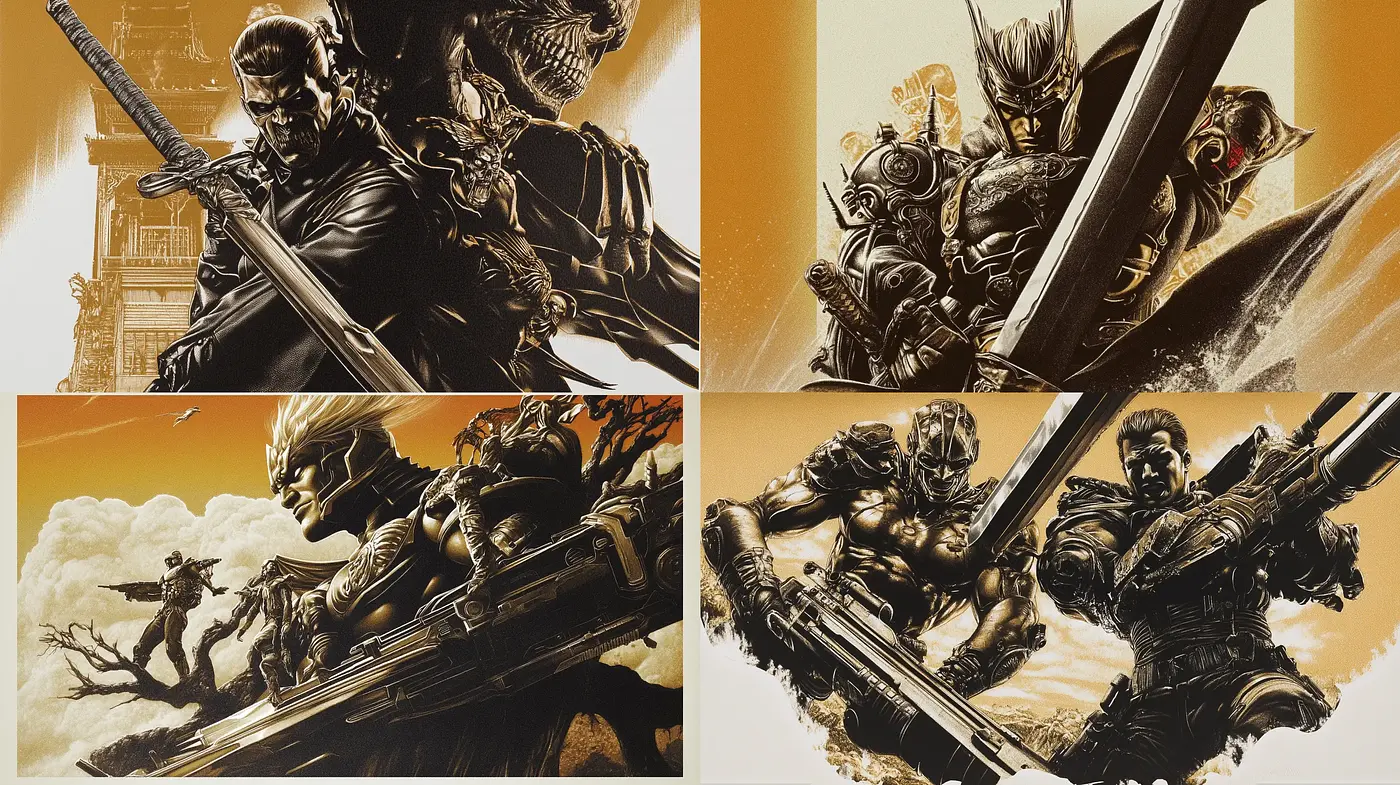 Sepia-Toned Dynamic Warriors Illustration Style - Midjourney sref style