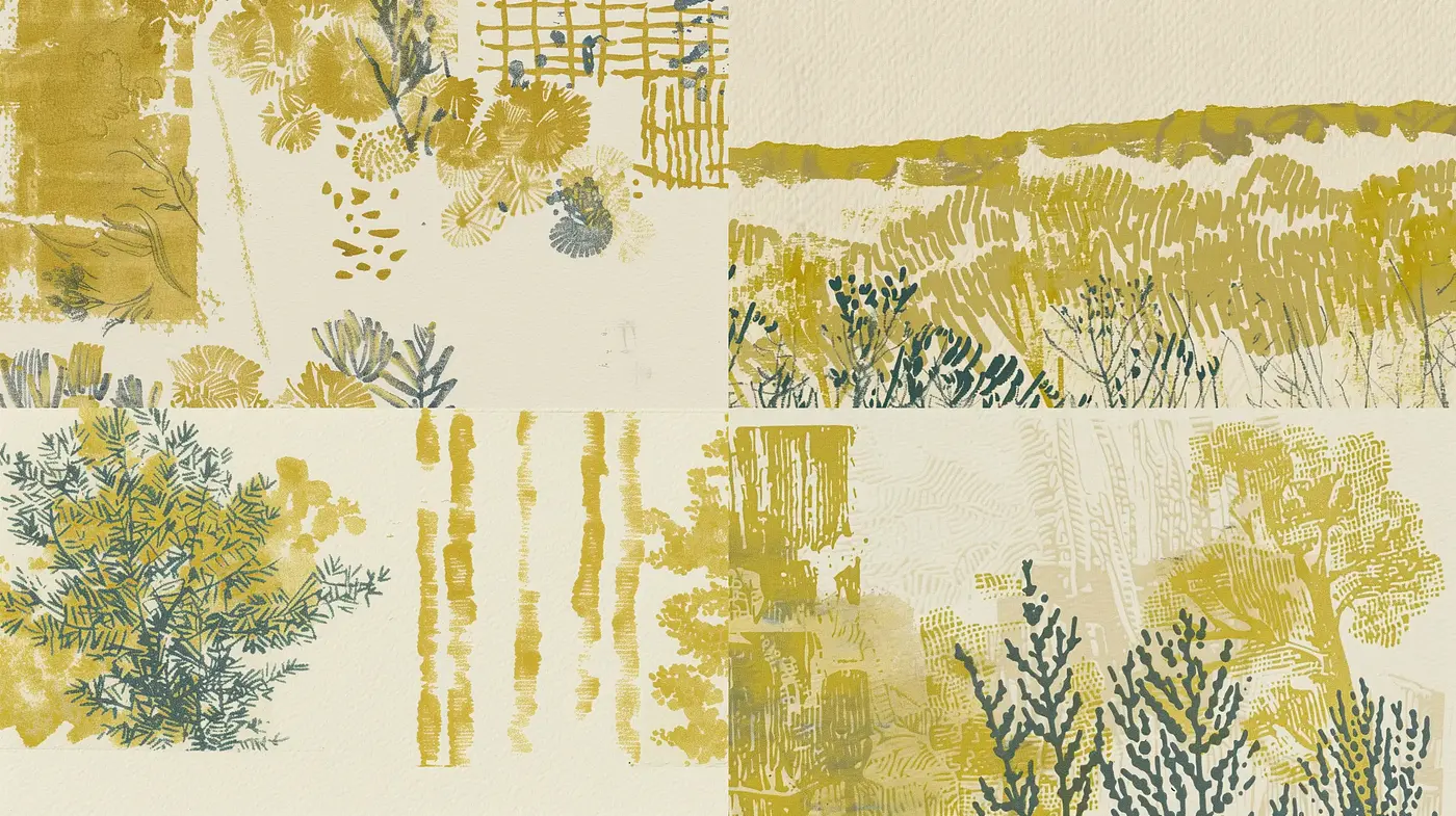 Muted Elegance in Ochre: A Study in Textural Botanical Impressions - Midjourney sref style