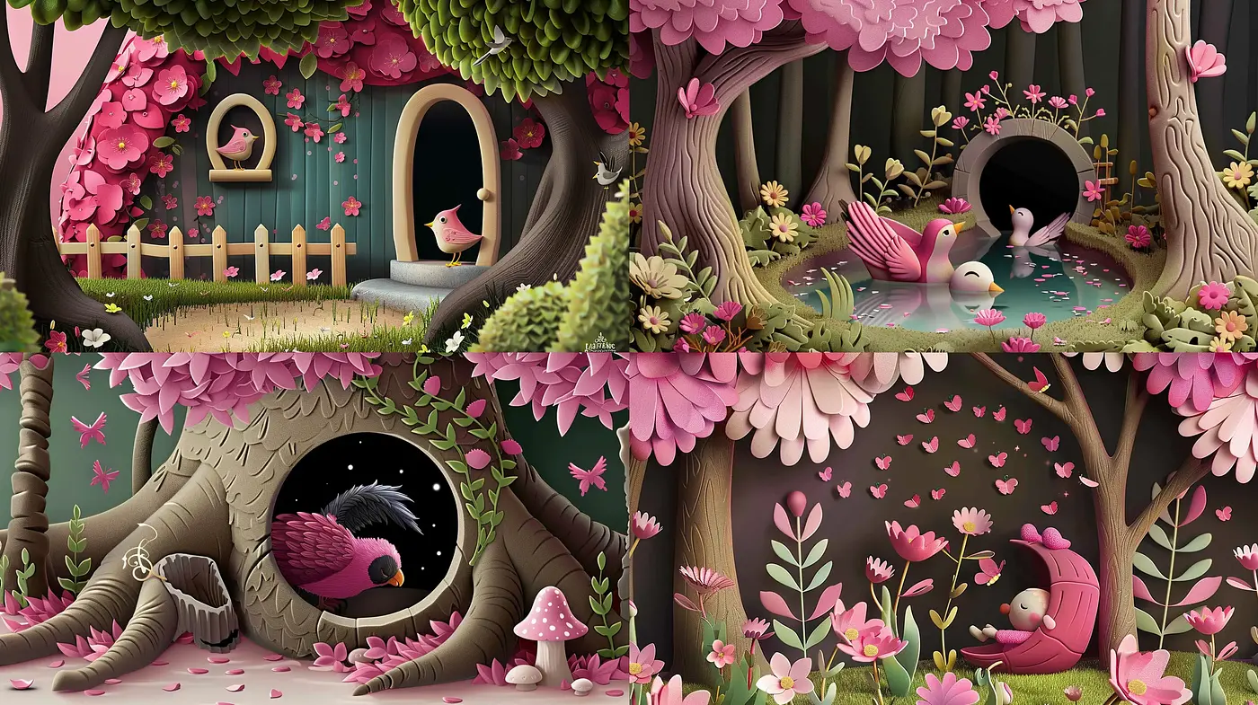 Enchanted Forest Whimsy: A Fantastical Illustrative Exploration in Pink Hues - Midjourney sref style