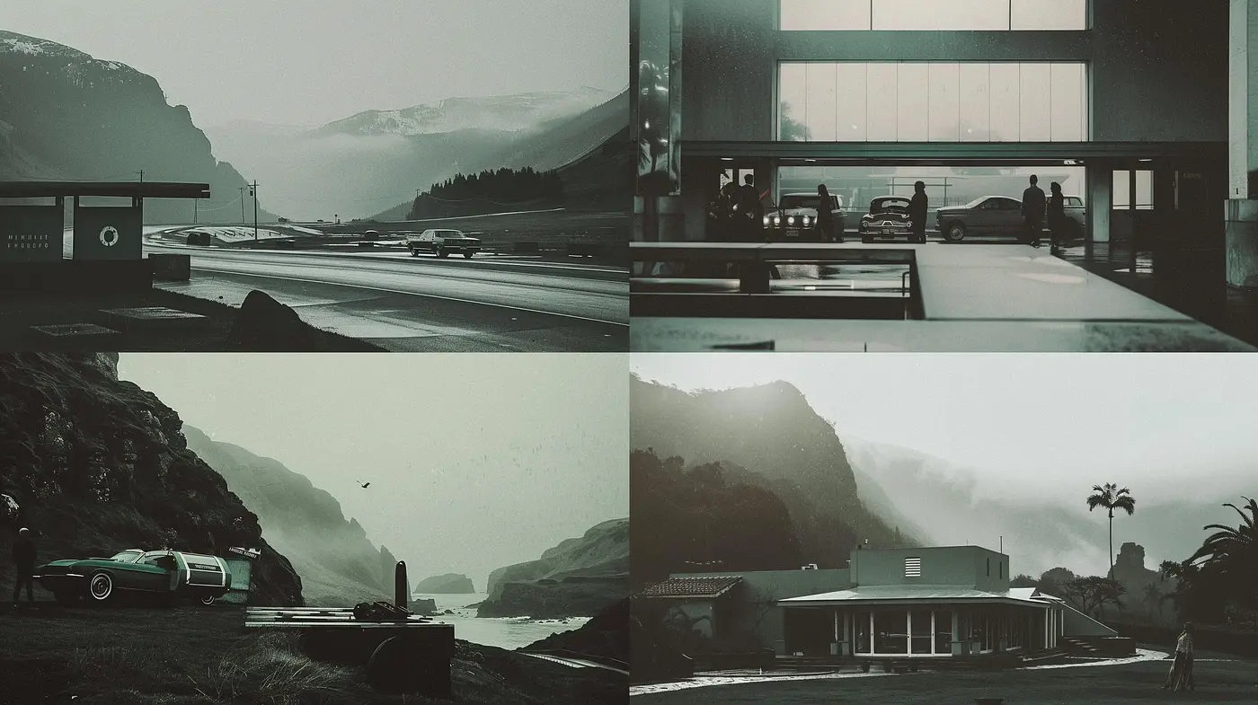 Misty Monochrome Landscapes and Architectural Vistas - Midjourney sref style