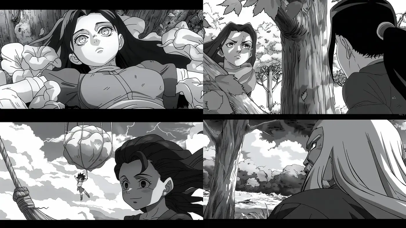 Dynamic and Atmospheric Black and White Manga Style with Emotional Depth - Midjourney sref style