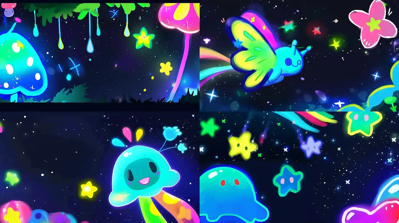 Whimsical Neon Fantasy with Playful Characters and Dreamy Landscapes - Midjourney sref style