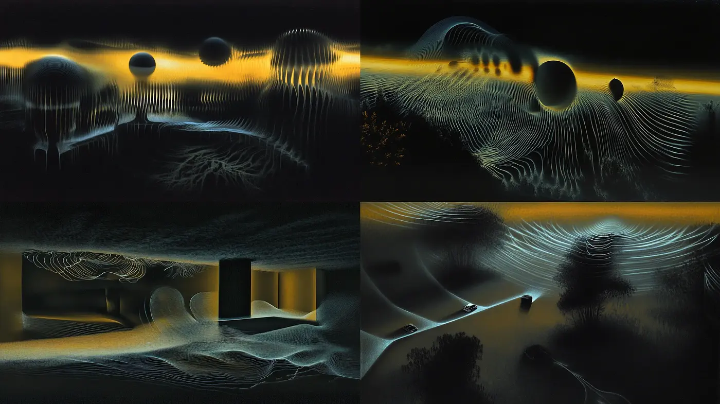 Ethereal Nocturnal Landscapes with Abstract Patterns and Surreal Light - Midjourney sref style