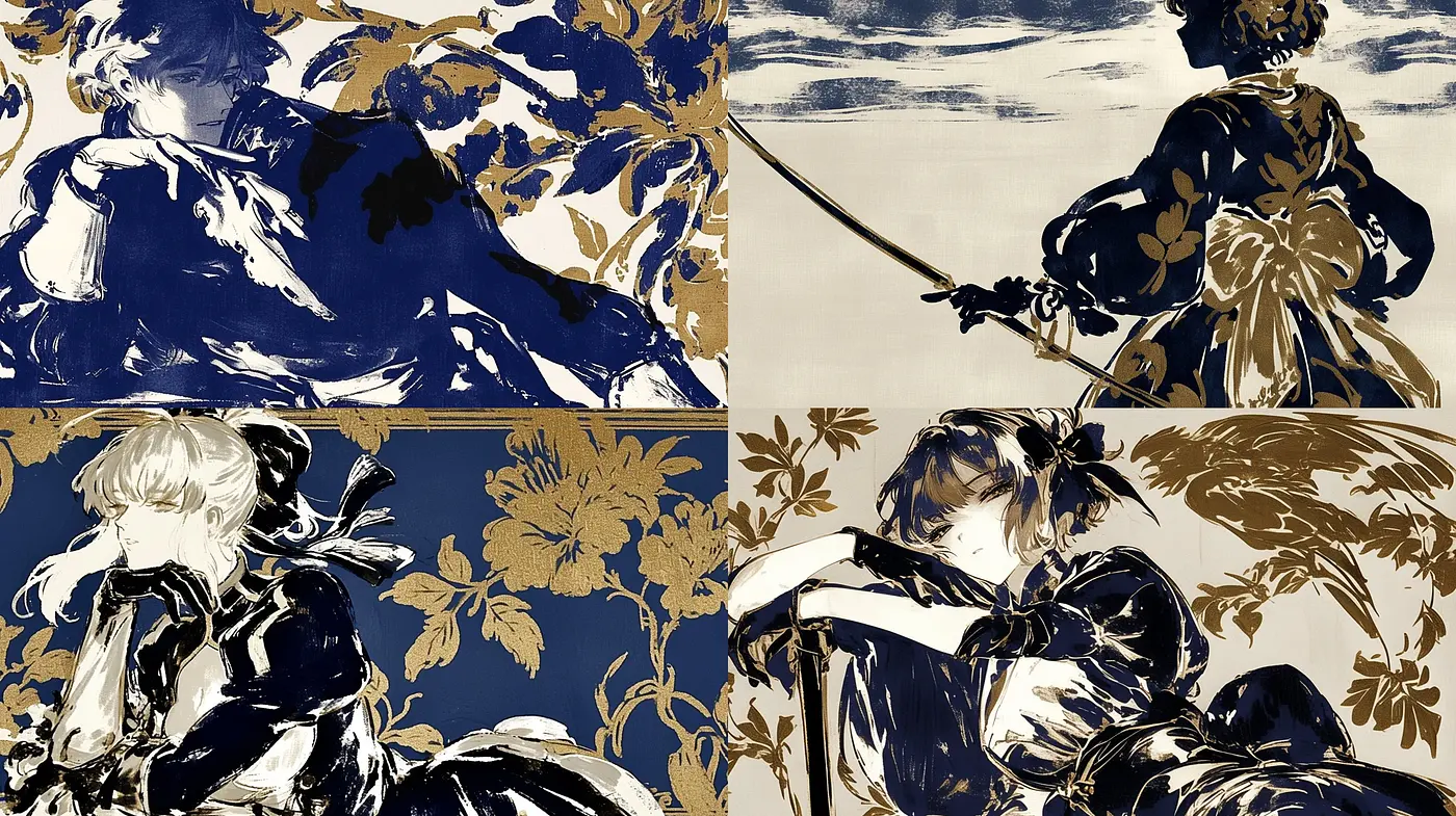 Contrasting Elegance of Blue and Gold: A Homage to Japanese Woodblock and Edo Period Art - Midjourney sref style