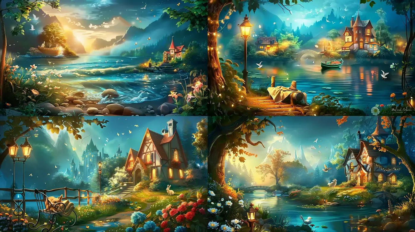 Enchanted Twilight Serenity: A Harmonious Fusion of Idyllic Sceneries and Luminous Hues - Midjourney sref style