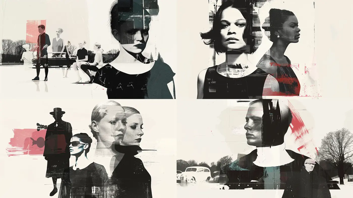 Evocative Layered Montage in Monochromatic Tones with Abstract Red Accents - Midjourney sref style