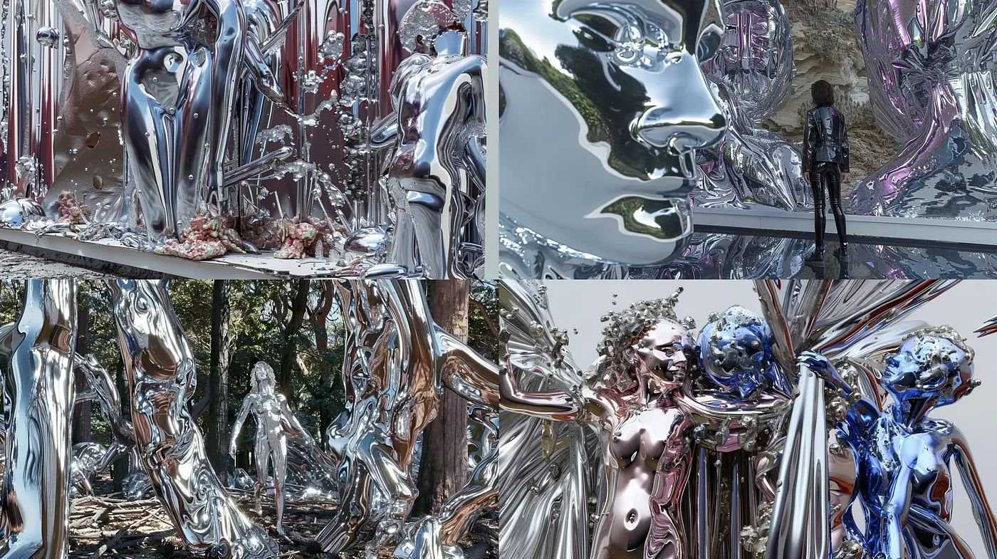 Futuristic Metallic Fluidity: Reflective Surfaces Melding with Human Forms - Midjourney sref style