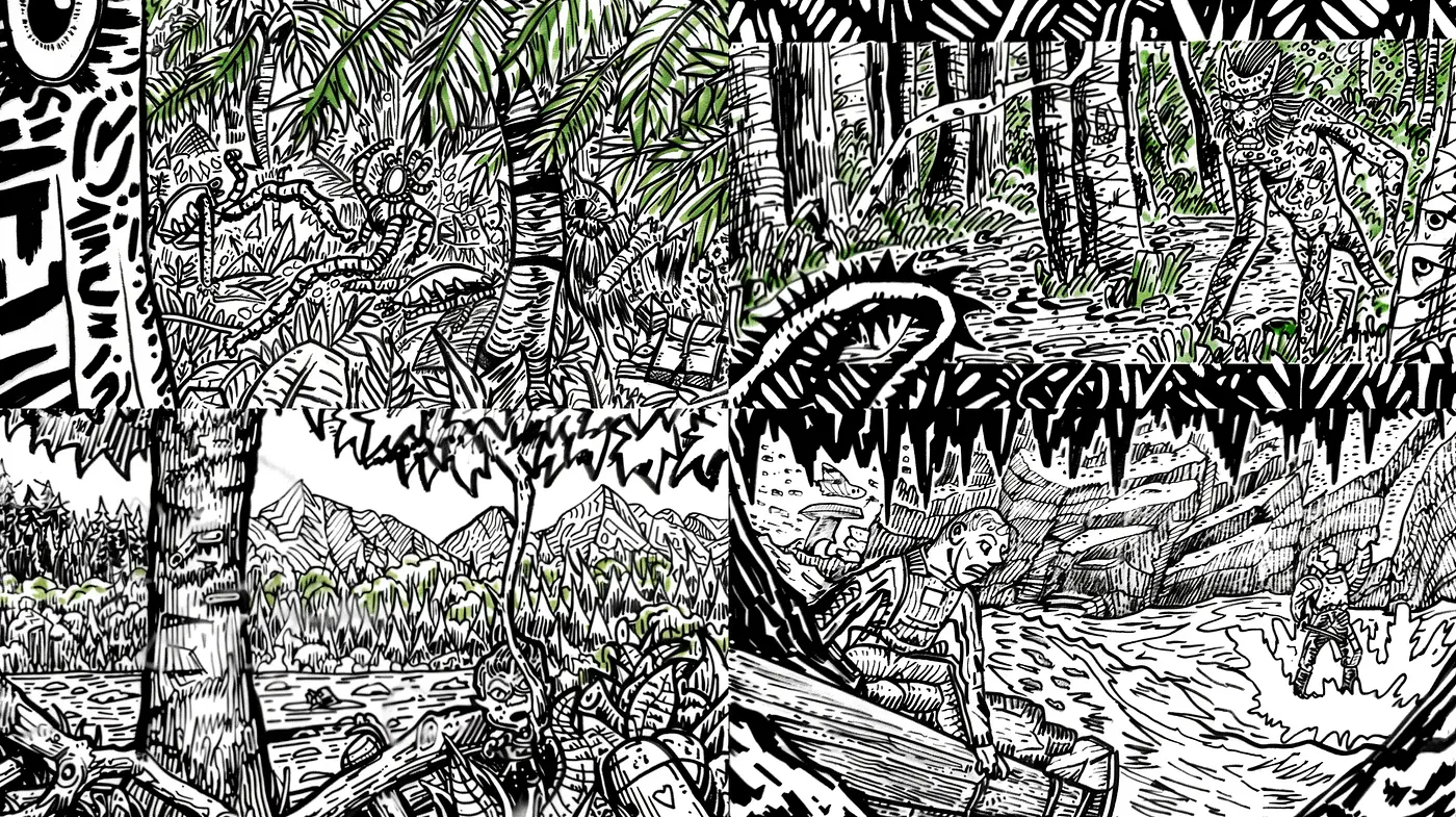 Monochrome Forest Whimsy: Intricate Linework and Stylized Natural Forms - Midjourney sref style
