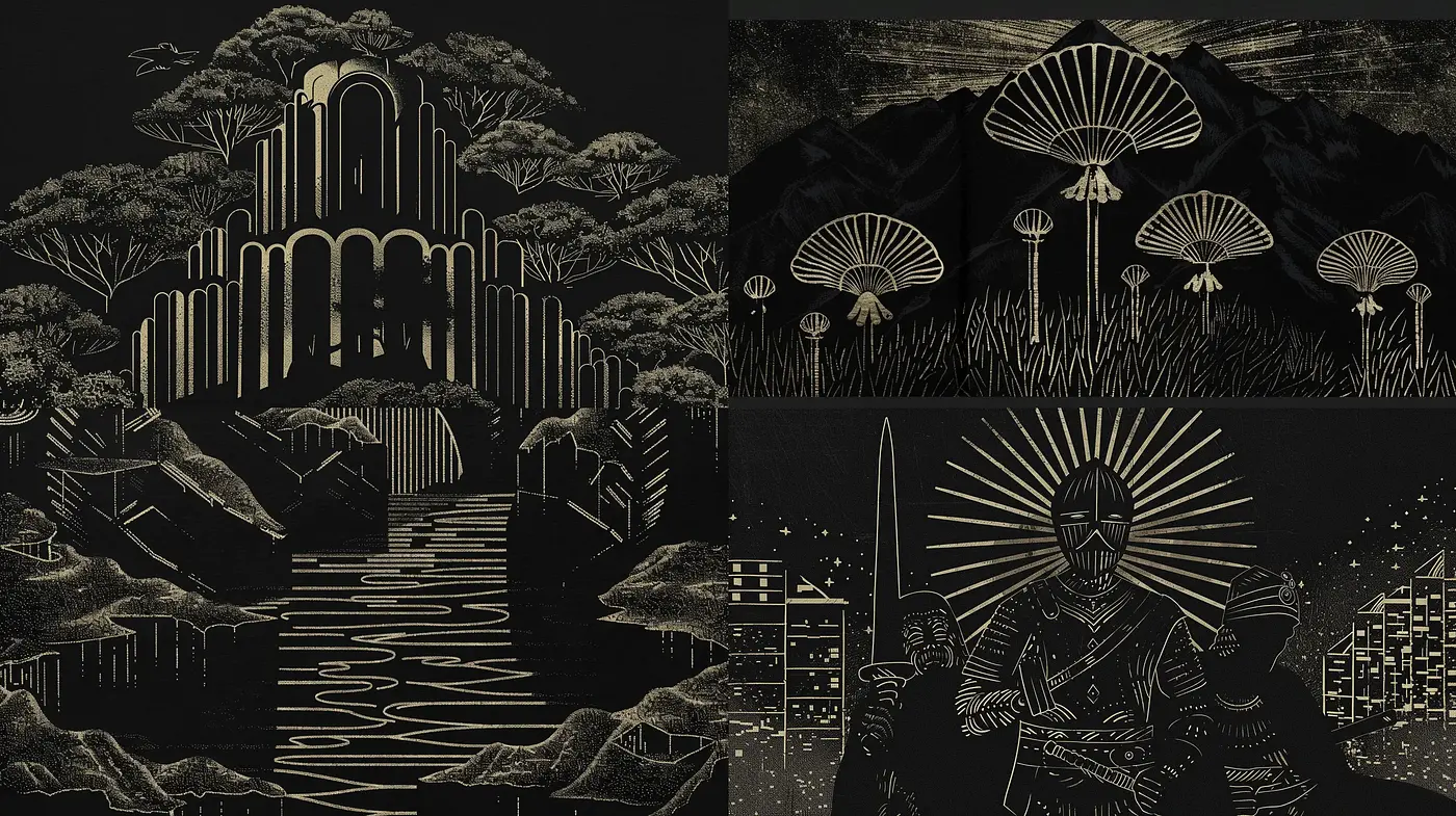 Monochromatic Dreamscapes in Stylized Linework - Midjourney sref style