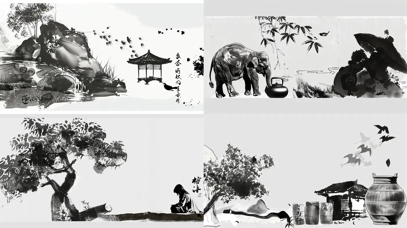 Monochromatic Ink Wash Harmony: Reimagining Tranquility - Midjourney sref style