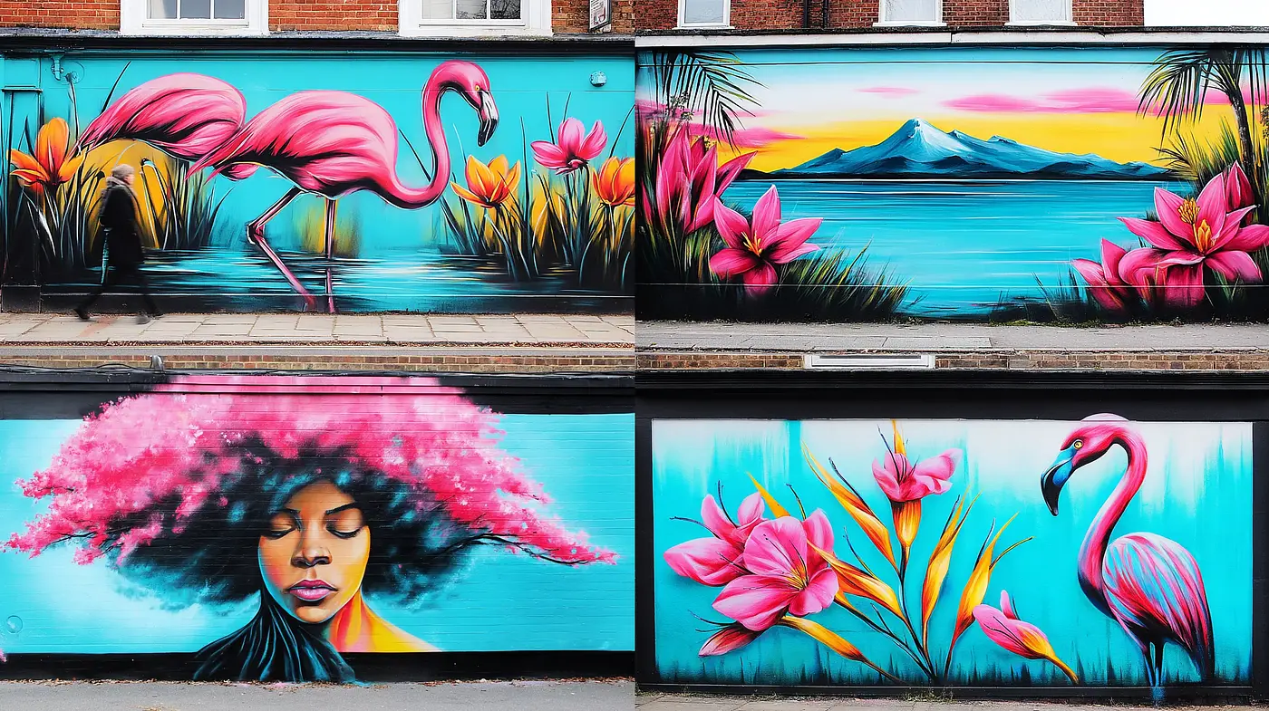 Vibrant and Tropical Urban Mural Art with Consistent Aesthetic Elements - Midjourney sref style