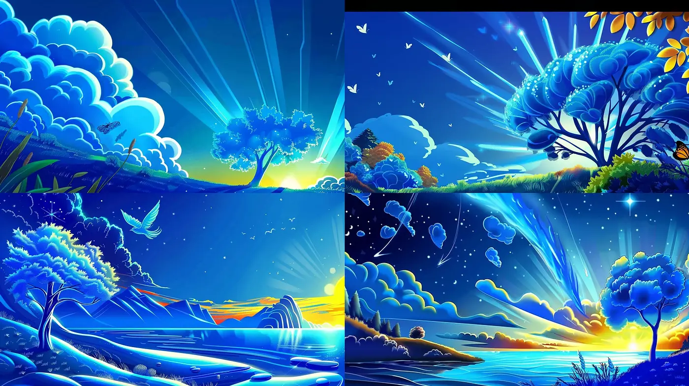 Radiant Blue Dreamscape: A Fusion of Vibrant Hues and Ethereal Glow - Midjourney sref style