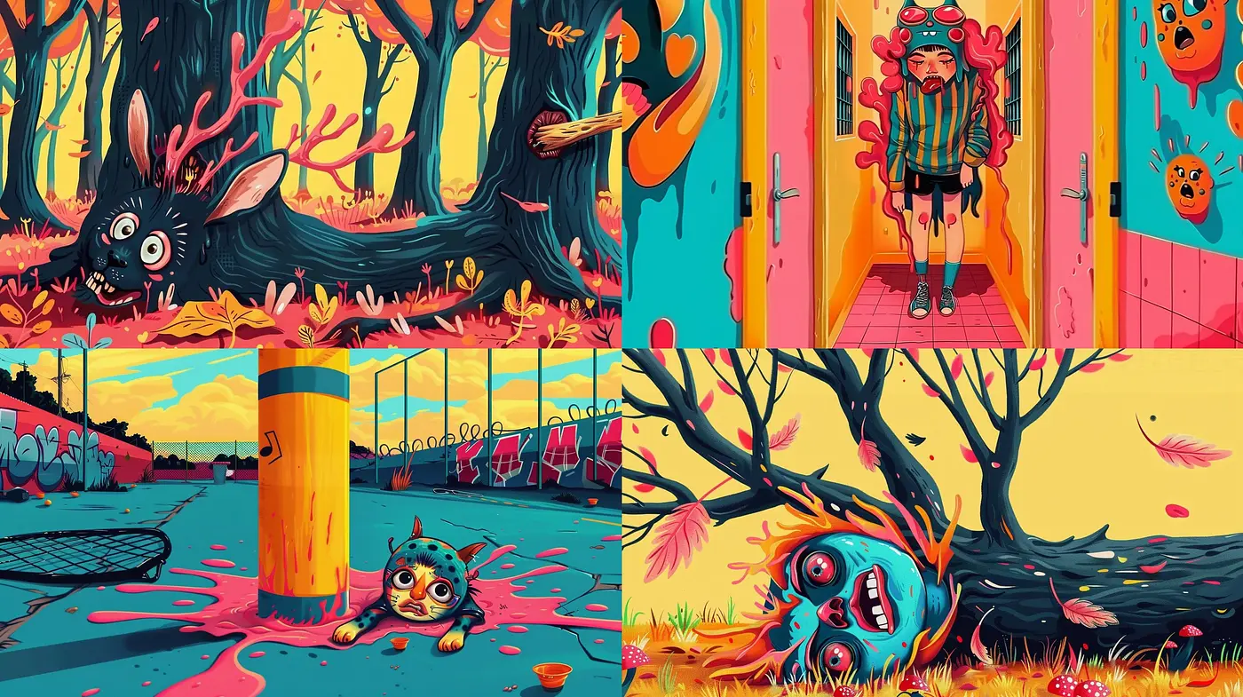 Surreal Cartoon Escapades in a Vibrant and Whimsical Universe - Midjourney sref style
