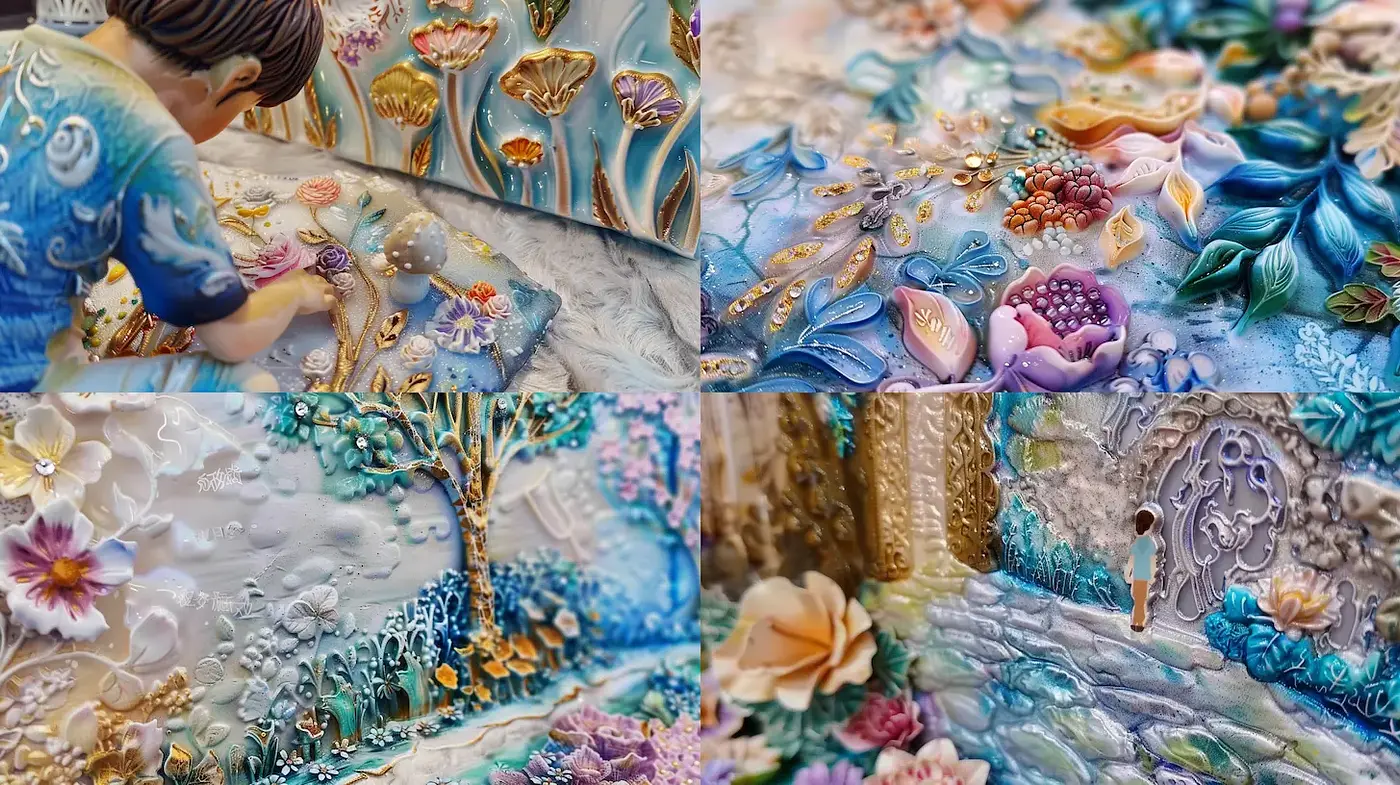 Textured, luminous artistic ambiances with intricate floral elements - Midjourney sref style