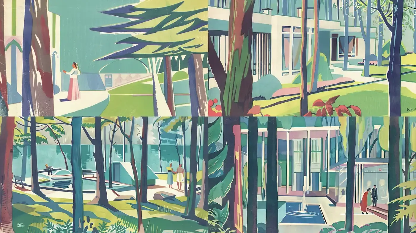 Mid-Century Modern Botanical Landscape with Architectonic Elements - Midjourney sref style