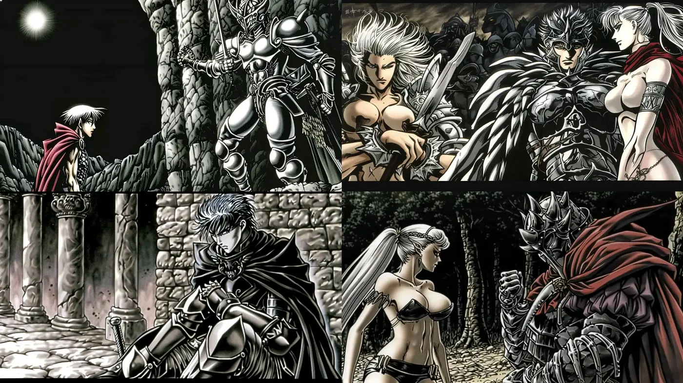 Monochromatic Fantasy: A Darkly Stylized Blend of Manga Influence with Detailed Texturing - Midjourney sref style