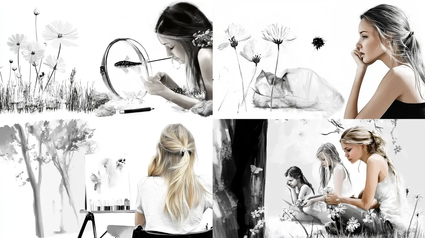 Ethereal Monochromatic Whispers in Charcoal and Ink - Midjourney sref style