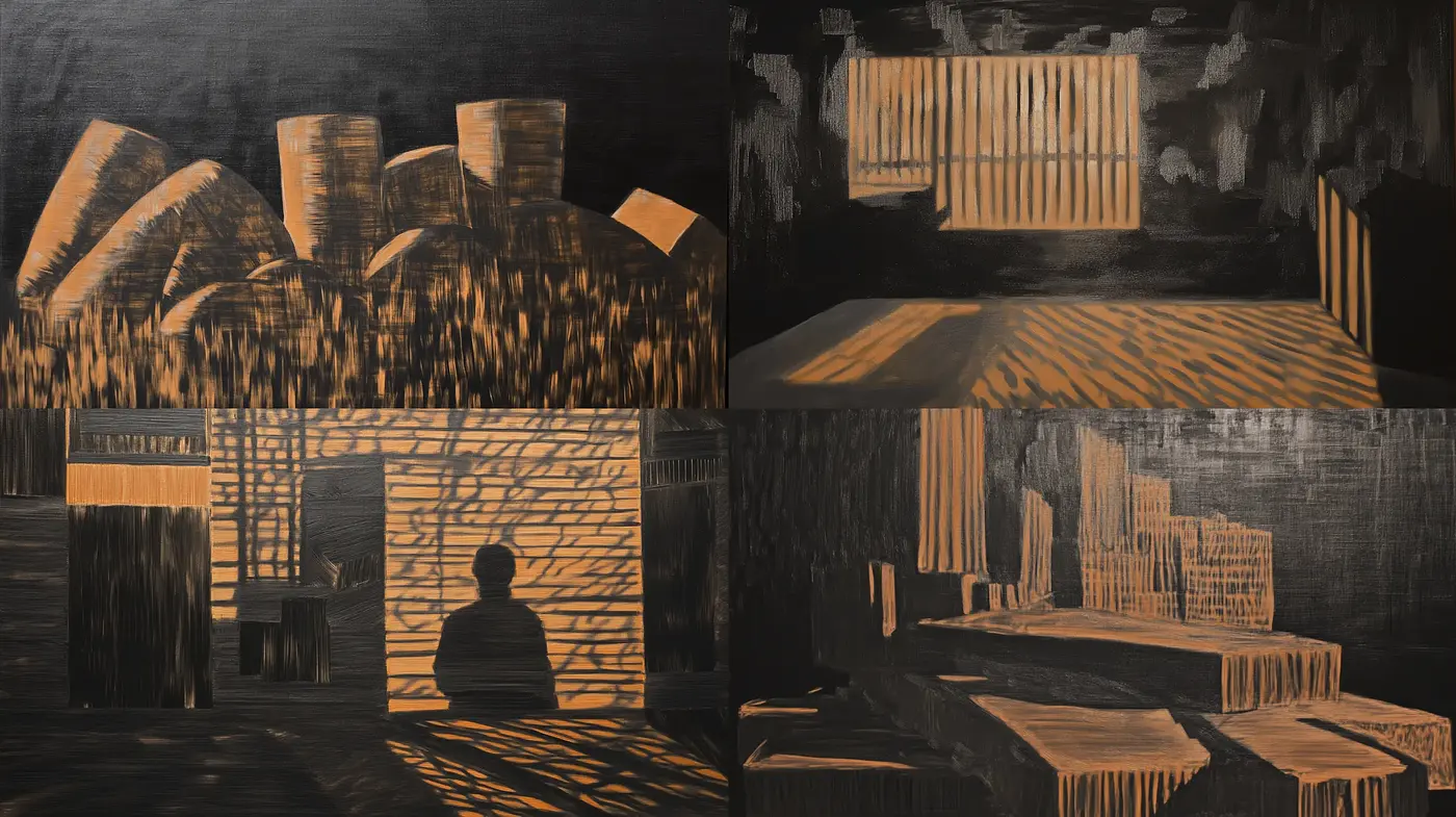 Monochromatic Silhouettes Amidst Striped Shadows - Midjourney sref style