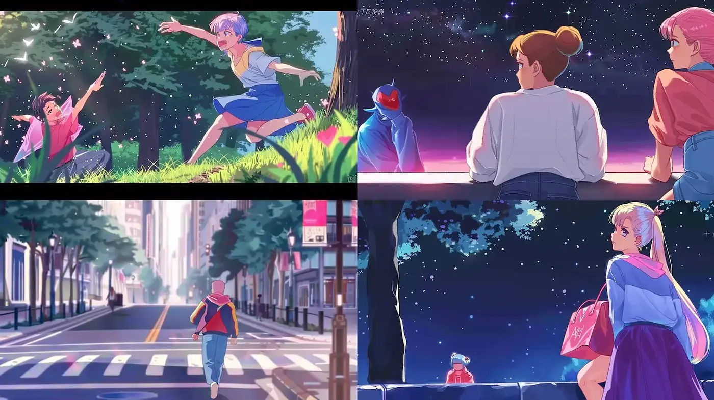 Vibrant and Whimsical Urban Scenes with Dreamy Nighttime Elements - Midjourney sref style