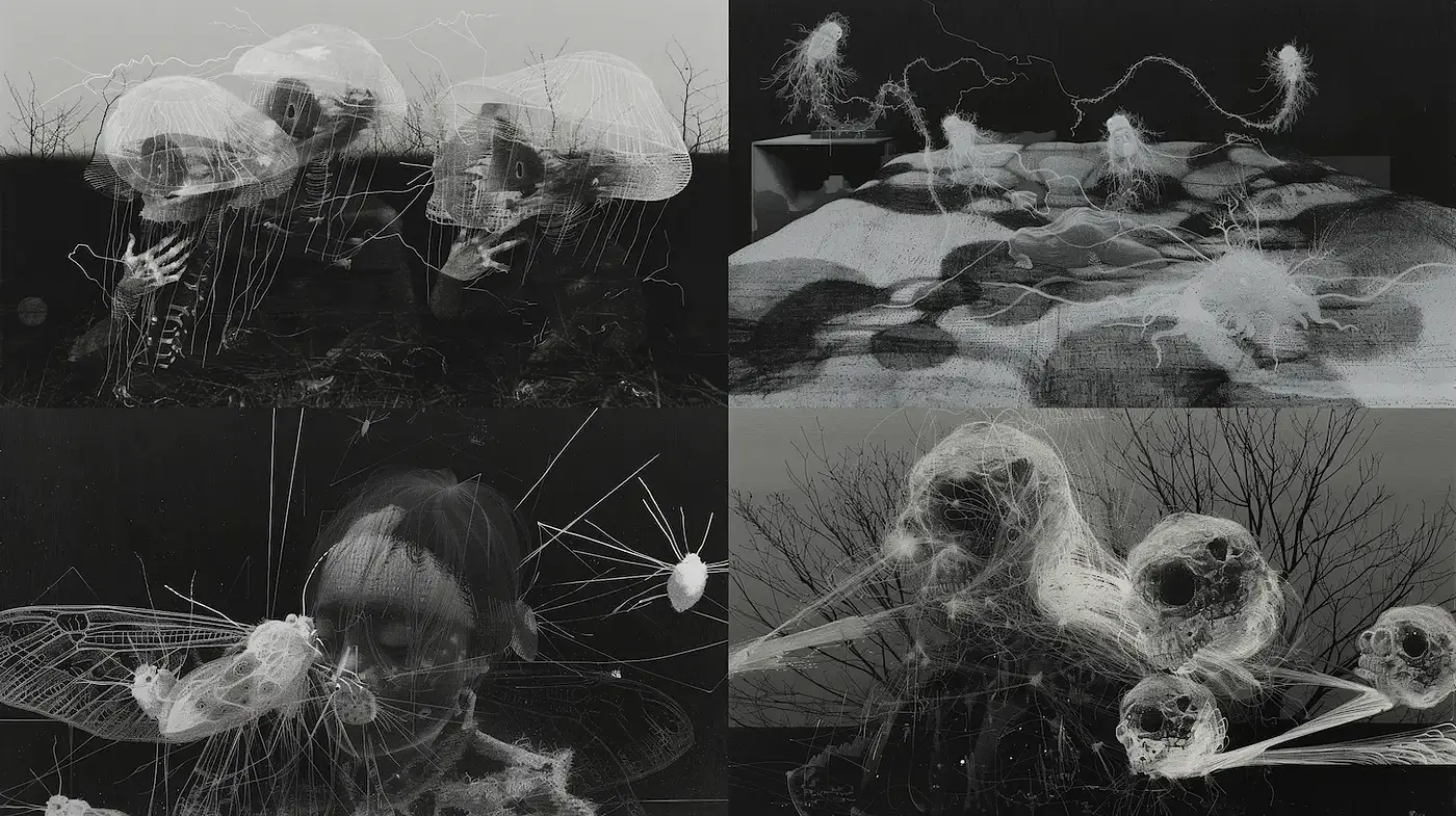 Ethereal and Surreal Imagery with Organic Elements and Monochromatic Hues - Midjourney sref style