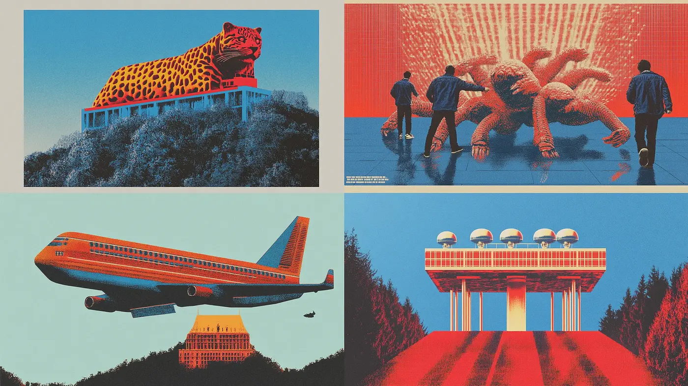 Futuristic Retro Cyano-Red Contrast - Midjourney sref style