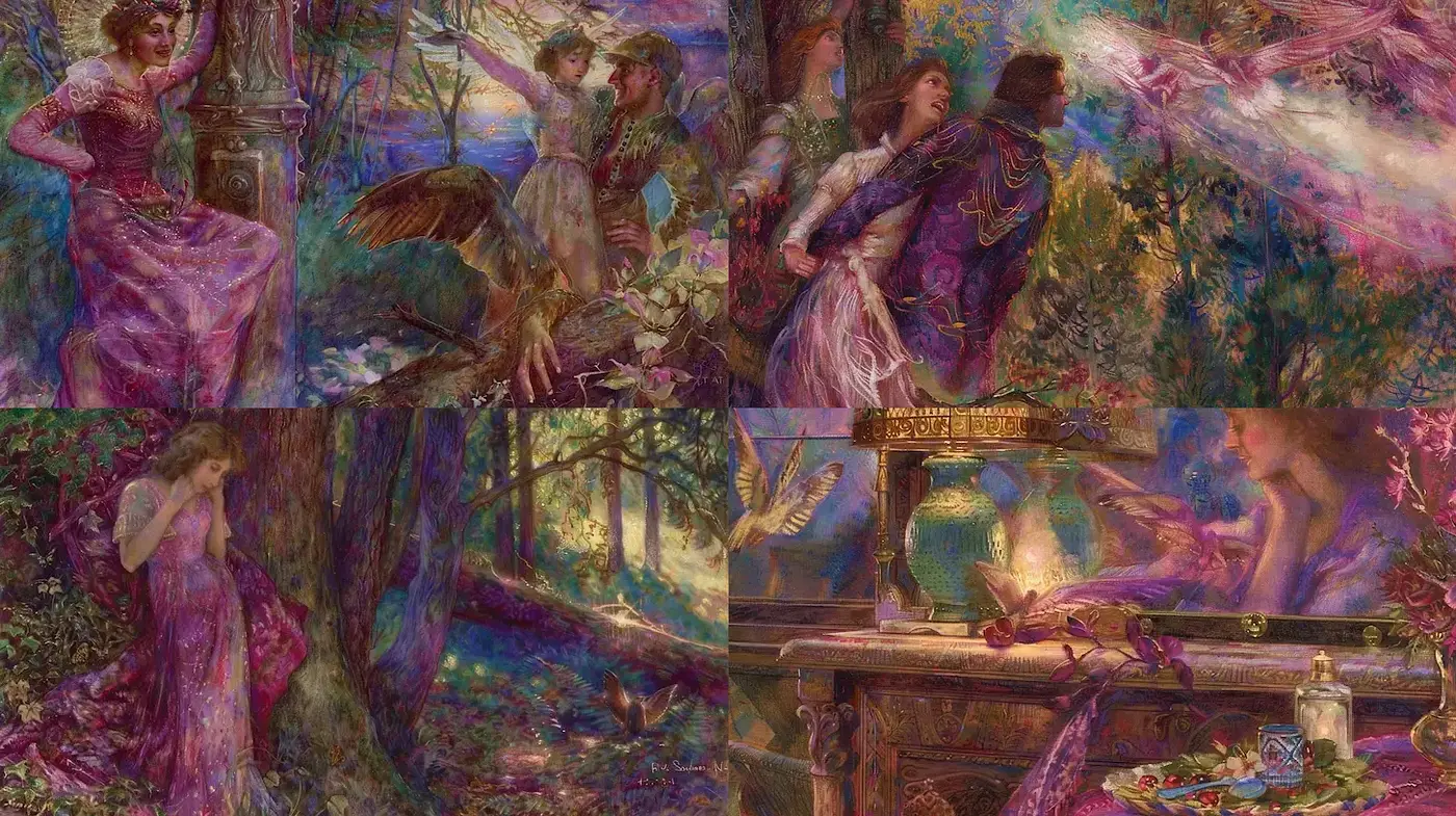 Enchanted Twilight Forest: A Mélange of Pre-Raphaelite and Art Nouveau Mystique - Midjourney sref style