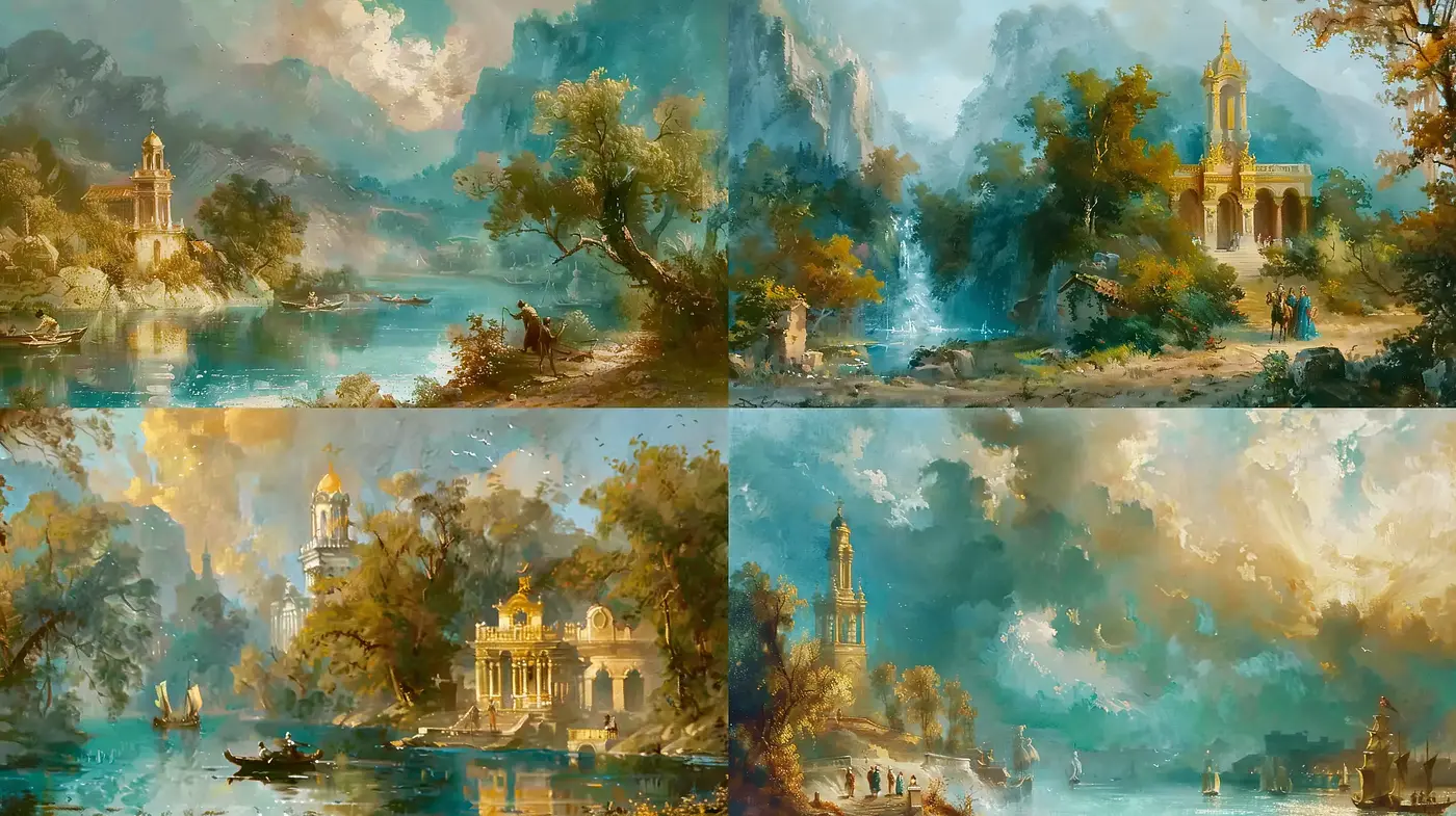 Timeless Riviera Enchantment: A Melange of Luminous Hues and Romantic Realism - Midjourney sref style