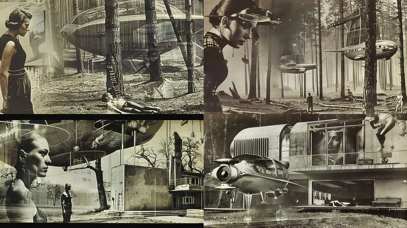 Monochromatic Retro-futuristic Photo Montage - Midjourney sref style