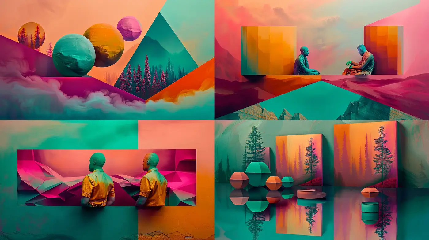 Surreal Geometric Dreamscape with Ethereal Glow and Stylized Natural Elements - Midjourney sref style
