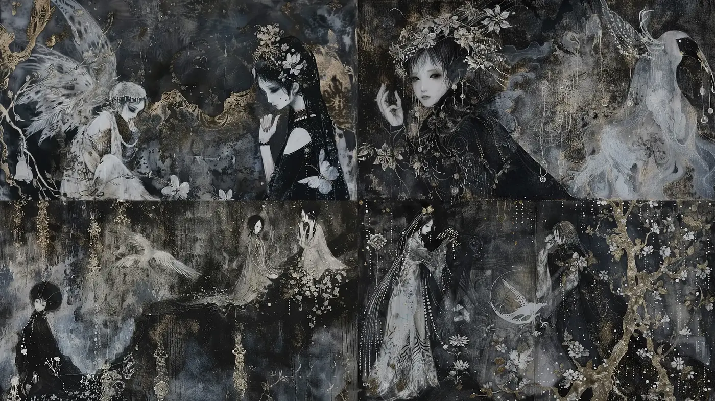 Ethereal Gothic Elegance in Monochromatic Dreamscapes - Midjourney sref style