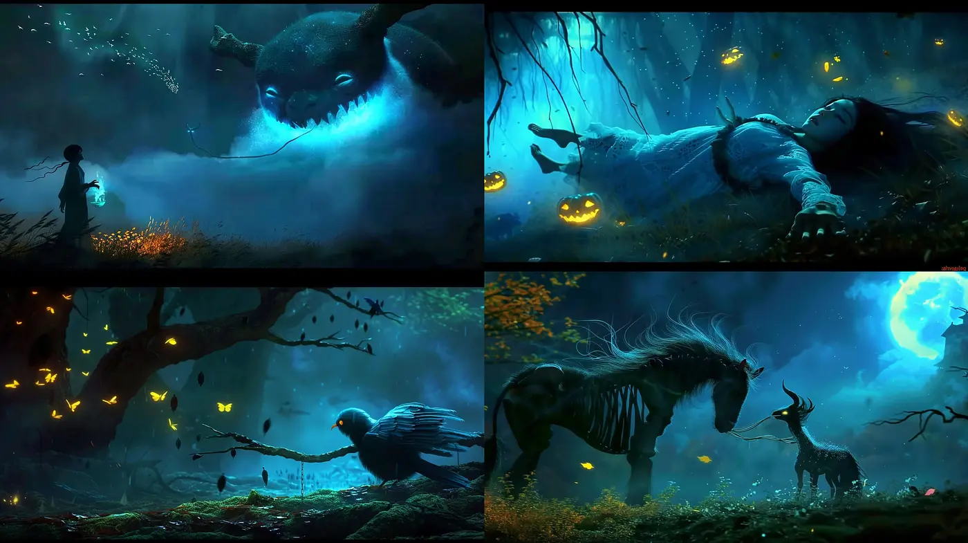 Mystic Nocturnal Dreamscape: A Consistent Palette of Ethereal Blues and Enigmatic Shadows - Midjourney sref style