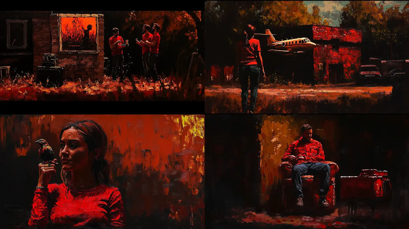 Cinematic Ember: Textured Red-Toned Interpretations of Everyday Life - Midjourney sref style