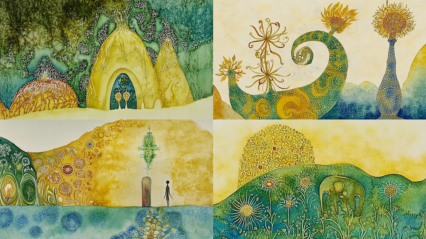 Ethereal Dreamscapes in Gold and Azure: A Journey Through Textured Whimsy - Midjourney sref style