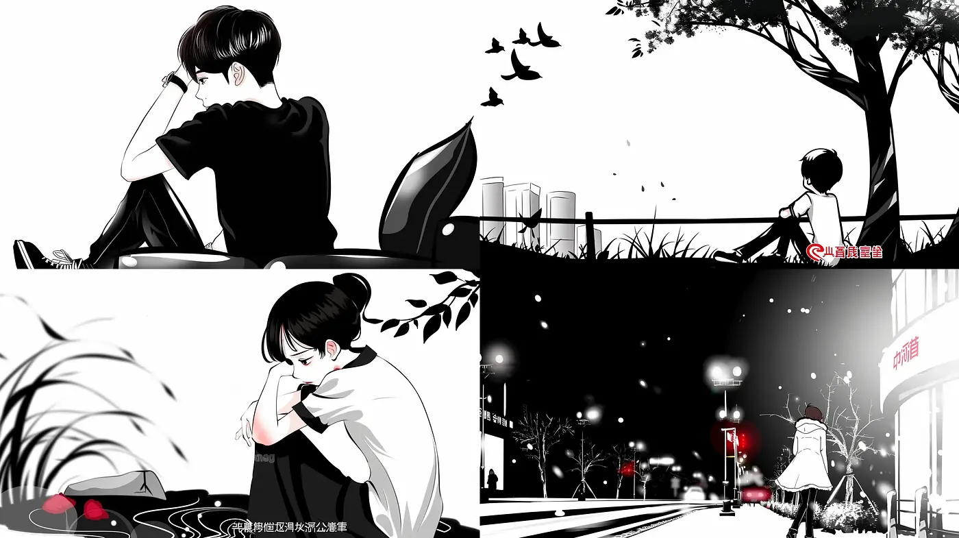 Monochrome Elegance with a Touch of Red: A Stylized Homage to Modern Anime and Graphical Narratives - Midjourney sref style