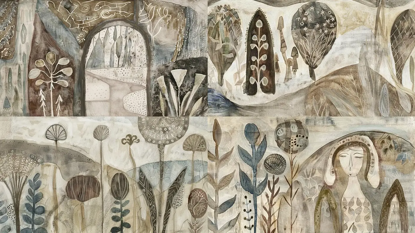 Earthen Botanica: A Textural Harmony of Folk Art and Nature - Midjourney sref style