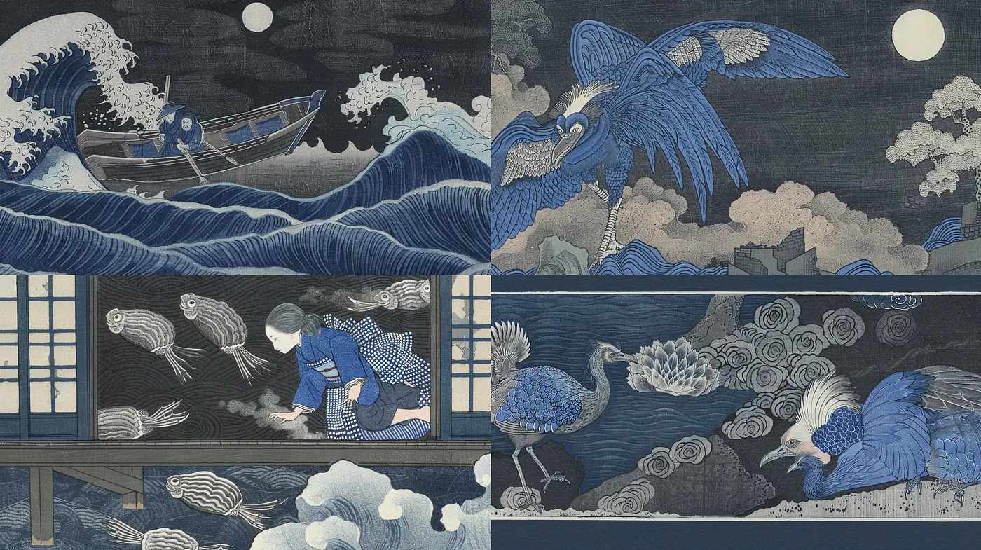 Ethereal Moonlit Edo Period Scenes in Contemporary Hues - Midjourney sref style