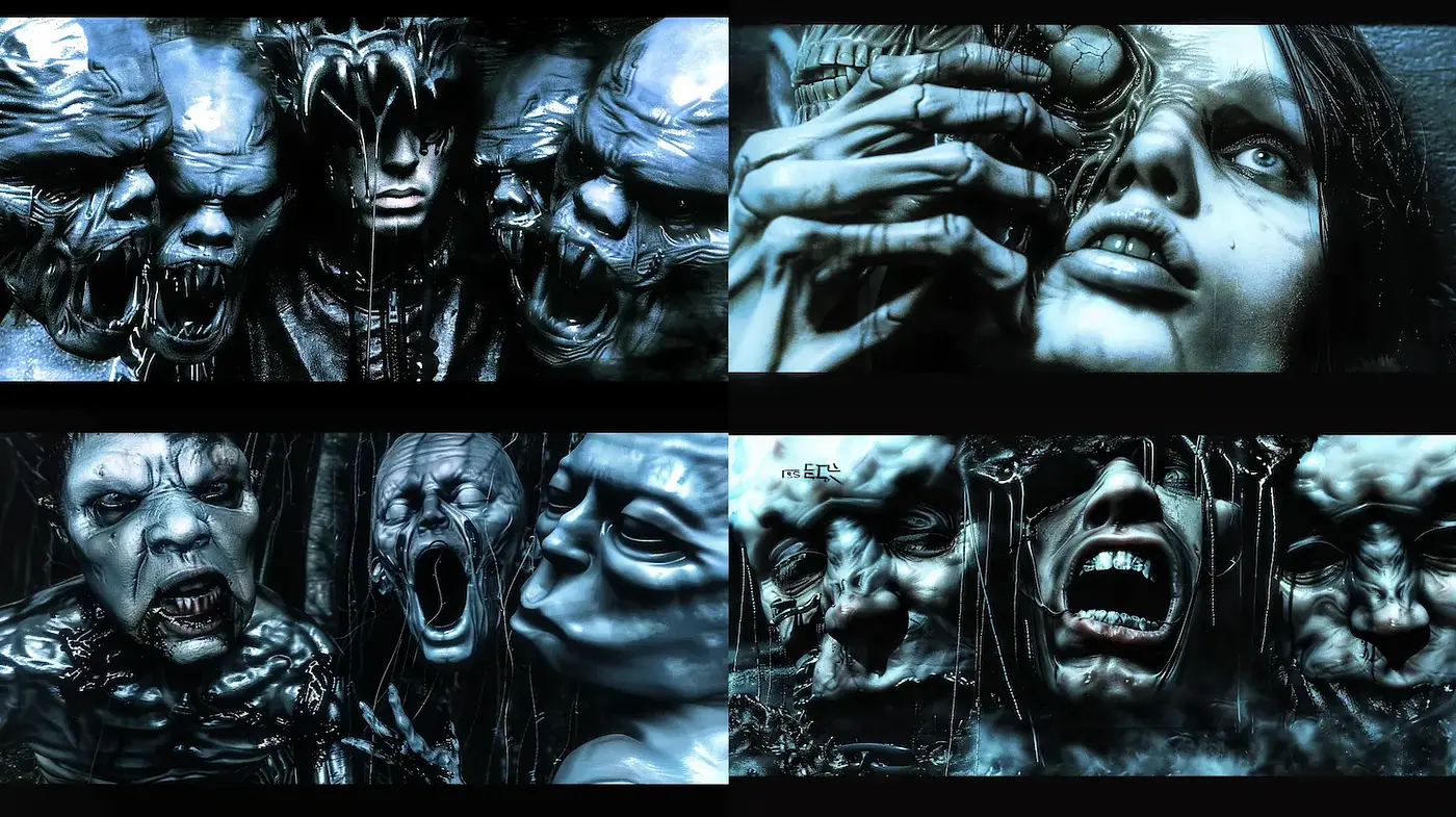 Dark, surreal, and hauntingly intricate imagery with a focus on emotional expression - Midjourney sref style