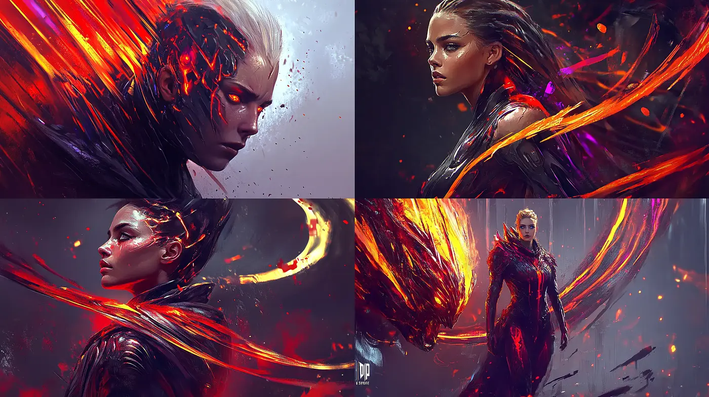 Ethereal Flames of Dynamic Elegance in Digital Artistry - Midjourney sref style